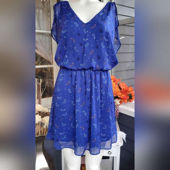 Candie's Blue Butterfly Lined Sundress Waist Defined Summer Mini Dress (S-M) - Picture 7 of 7